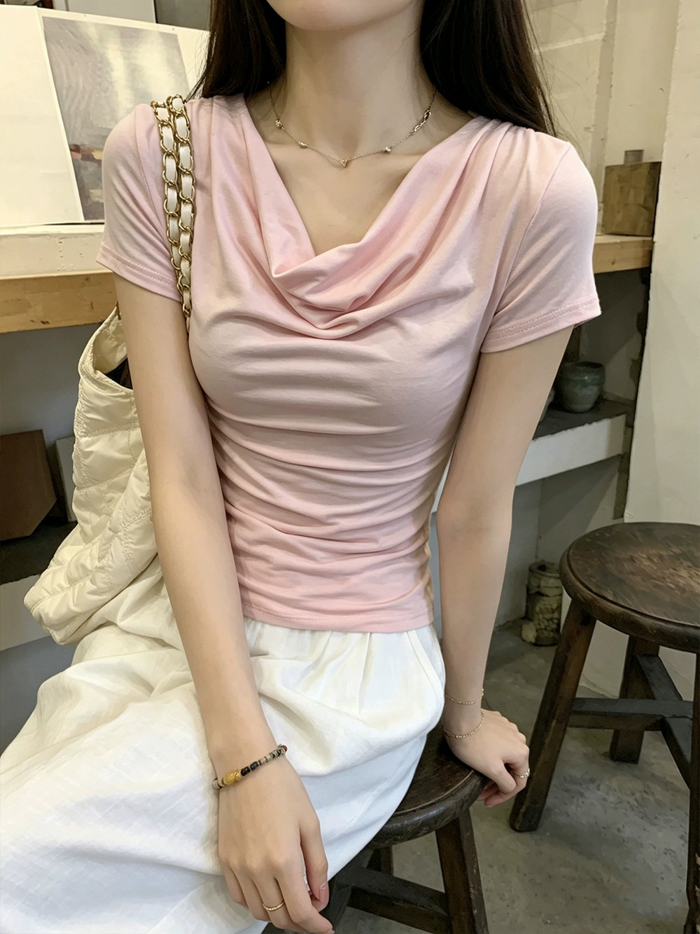 ZARA Womens Summer Sexy Slim Fit Shirred Cowl Neck Short Sleeve Layering Tee
